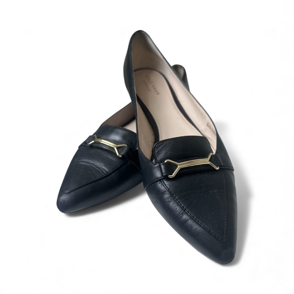 COLE HAAN Grand OS Black Leather Almond Toe Women's 10B Flat With Gold Buckle - Picture 13 of 13